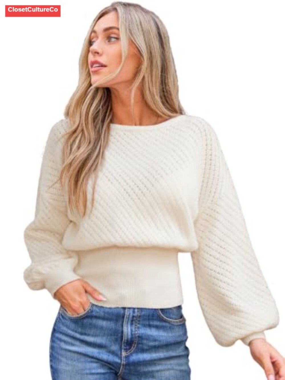 Knit Sweater Puff Sleeve Boatneck Pullover Top